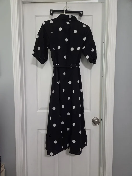 NWT a new day Black and White Polka Dot Midi Shirt Dress with Tie Waist - Picture 2 of 3
